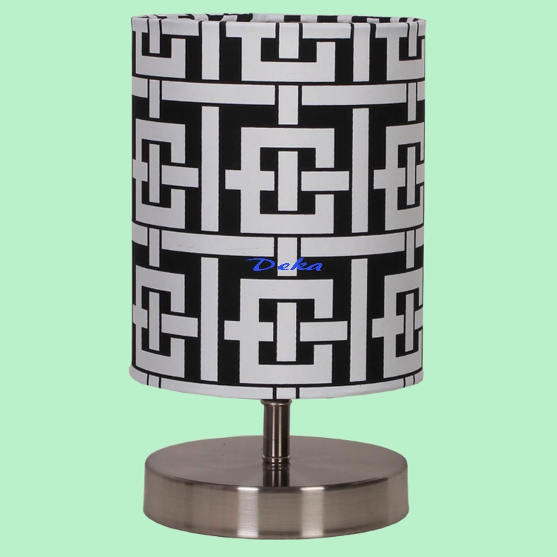 Mini brushed nickel table lamp with geometric pattern shade