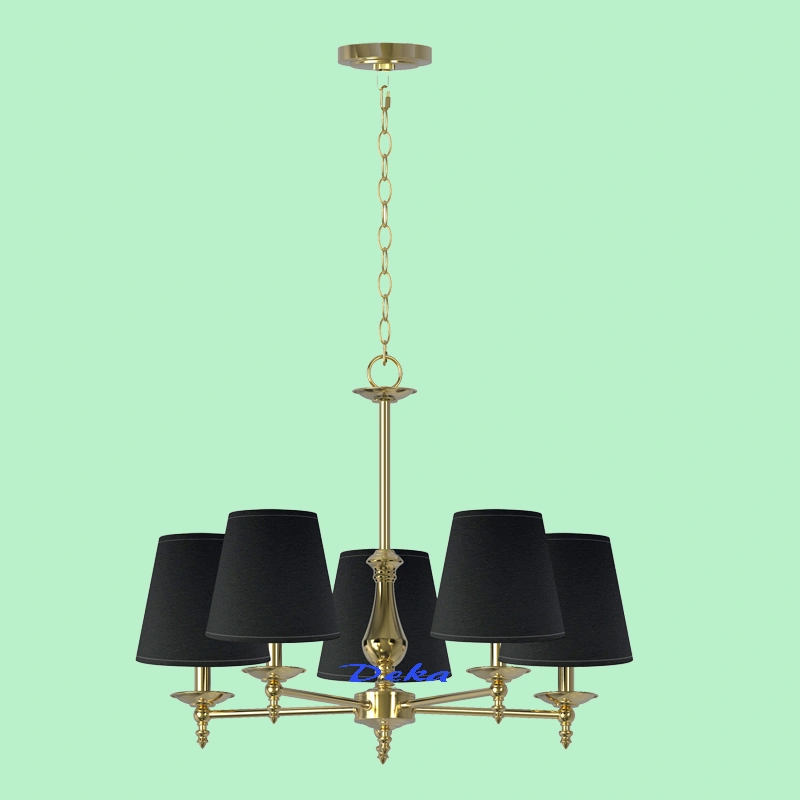 5 lights brass metal chandelier with black fabric shade