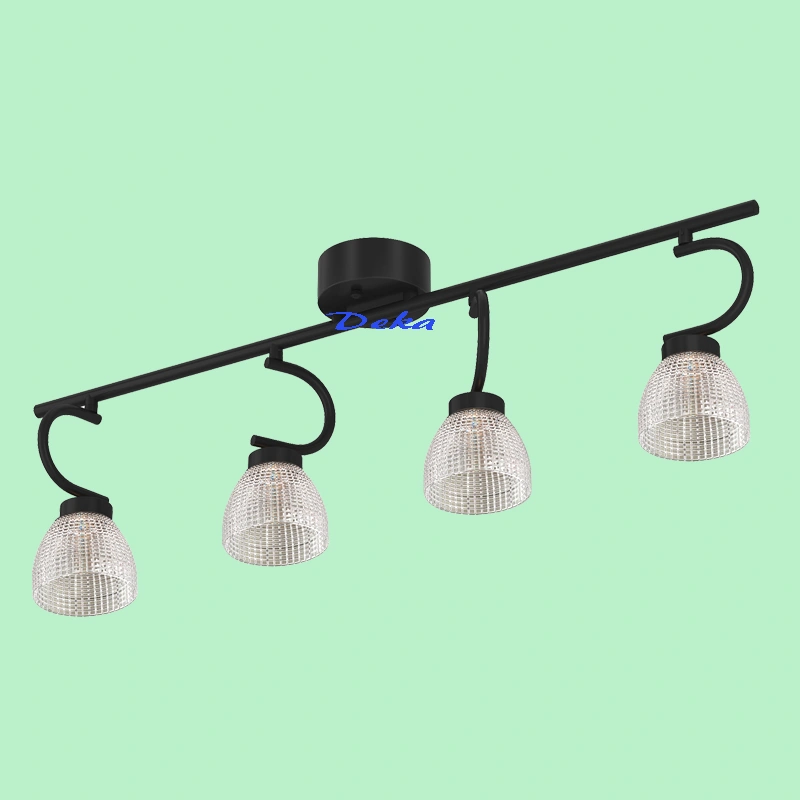 4 lights black arc track,ribbed glass shade
