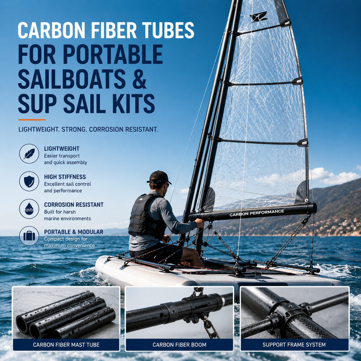 Carbon Fiber Tubes for Portable Sailboats and SUP Sail Kit Applications