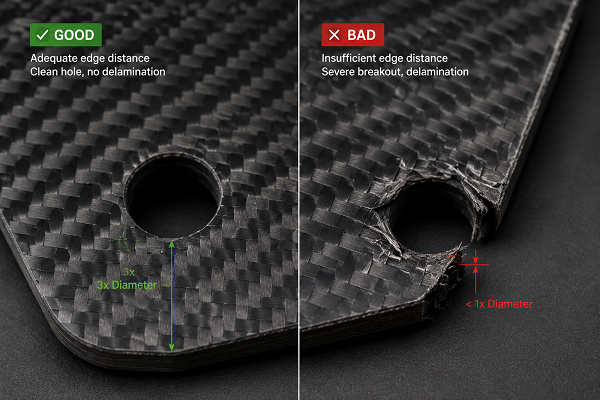 CNC machined carbon fiber plate showing good vs bad edge distance.png