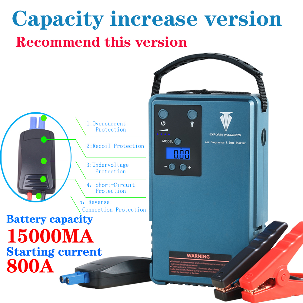 Explore Warriors Jump starter with air compressor &mobile power support LCD screen tyre Pressure gauger&Outdoor Camping lights With 15000MA capacity 800A Peak current and Peak output pressure 85PSI 