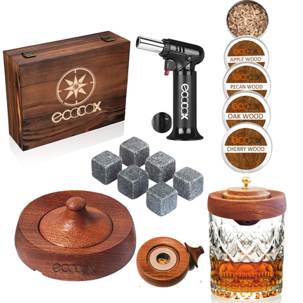 Ecocox Bartending Cocktail Smoker Kit with Torch New Models 2023-No Charred Design-Children Safe Lock Torch-Wooden Box
