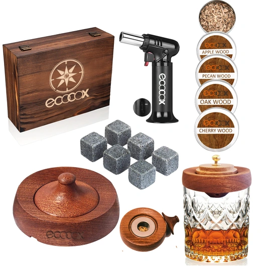 Ecocox Bartending Cocktail Smoker Kit with Torch New Models 2023-No Charred Design-Children Safe Lock Torch-Wooden Box