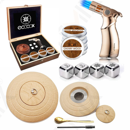 Ecocox Wooden Cocktail Smoker Top with Smoke Gun Solid Wood Whiskey Kit 4 Wood Chips with Stainless Steel Ice Cube Stone Manufacturer