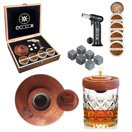 Ecocox Cocktail Smoker Set with Lid, Better Smoking Effect, Natural Wood Material with Cleaning Brush Spoon 4 Flavor Wood Chips