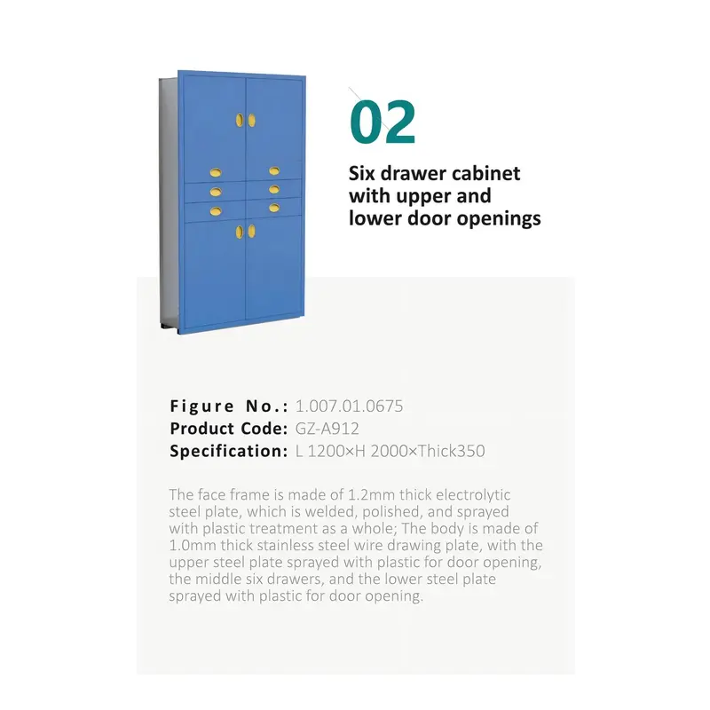 Six drawer cabinetwith upper andlower door openings