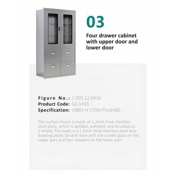 Four drawer cabinetwith upper door andlower door