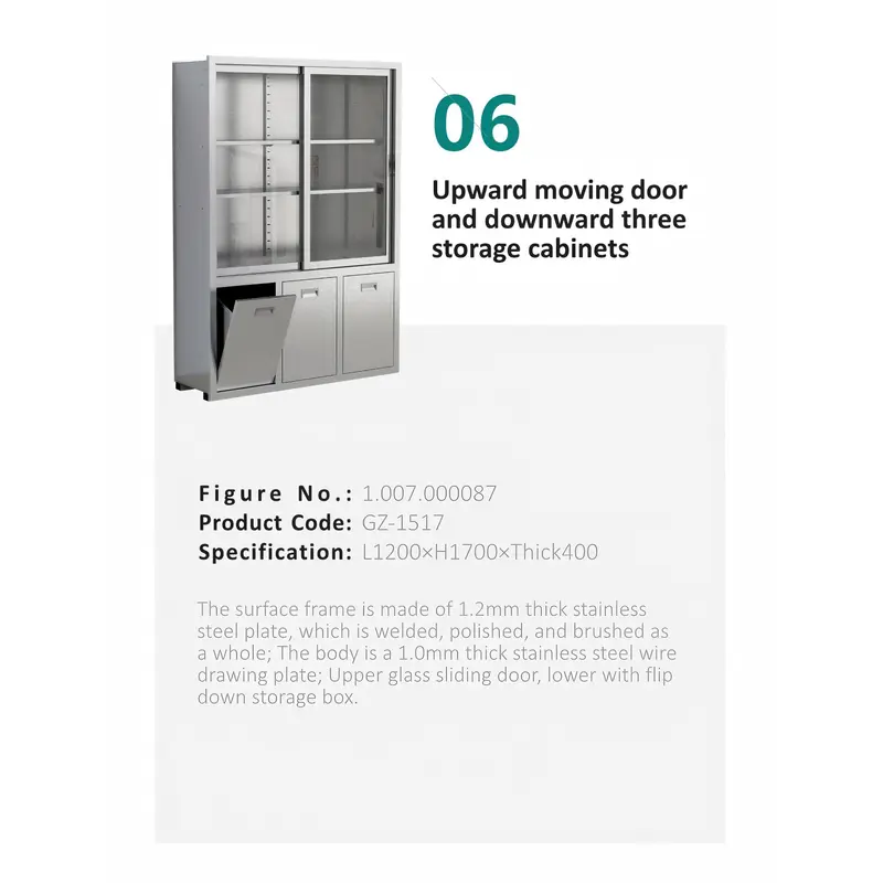 Upward moving doorand downward threestorage cabinets