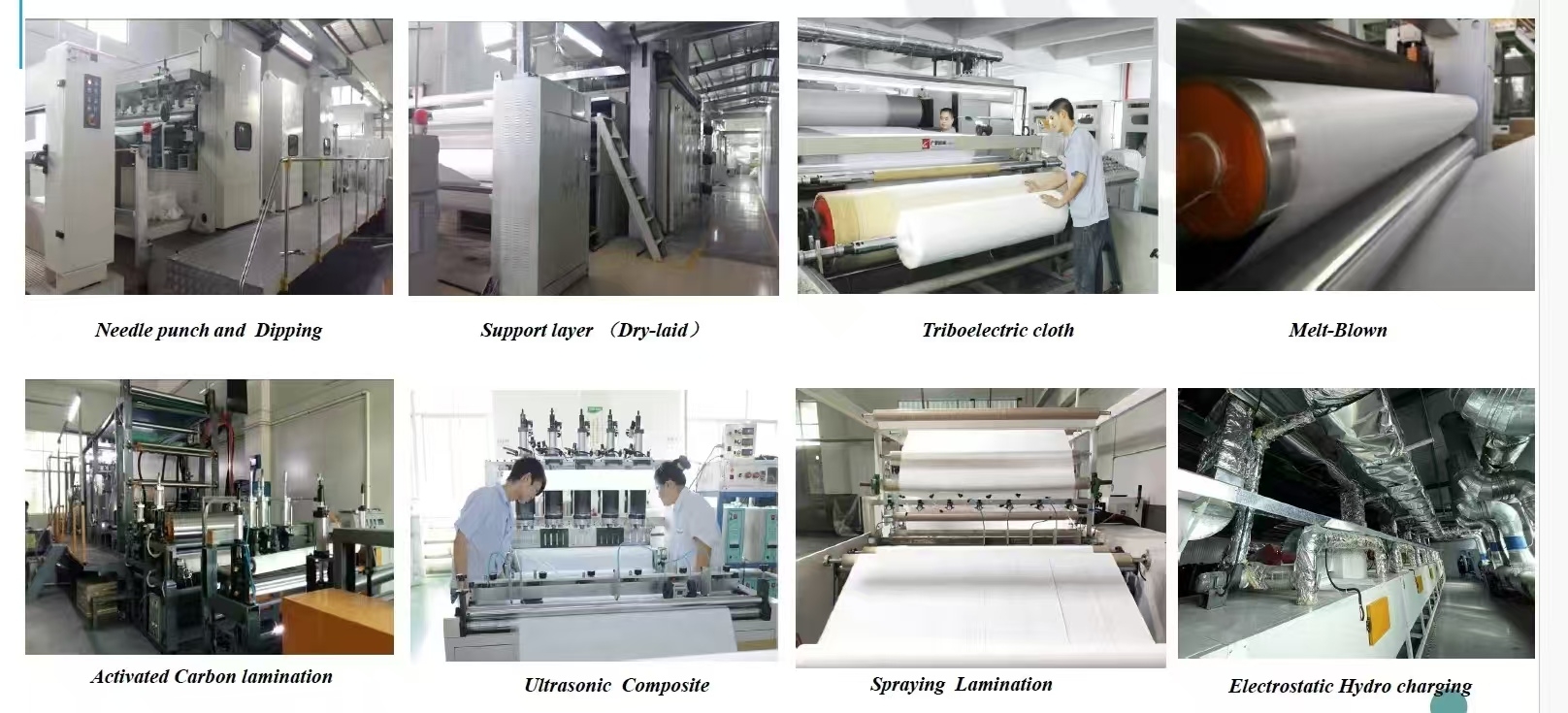 Filter media, meltblown, composite materials, spun bond non woven, PP spun bond non woven, PET non woven, needle punch, thermal bond, felt, acoustic panel, stitch bond, spunlace, chemical bond, ultrasonic composite, hot melt adhesive compound, 3D non woven, SSS, SMS, SMMS, recycled non woven fabric, etc.  