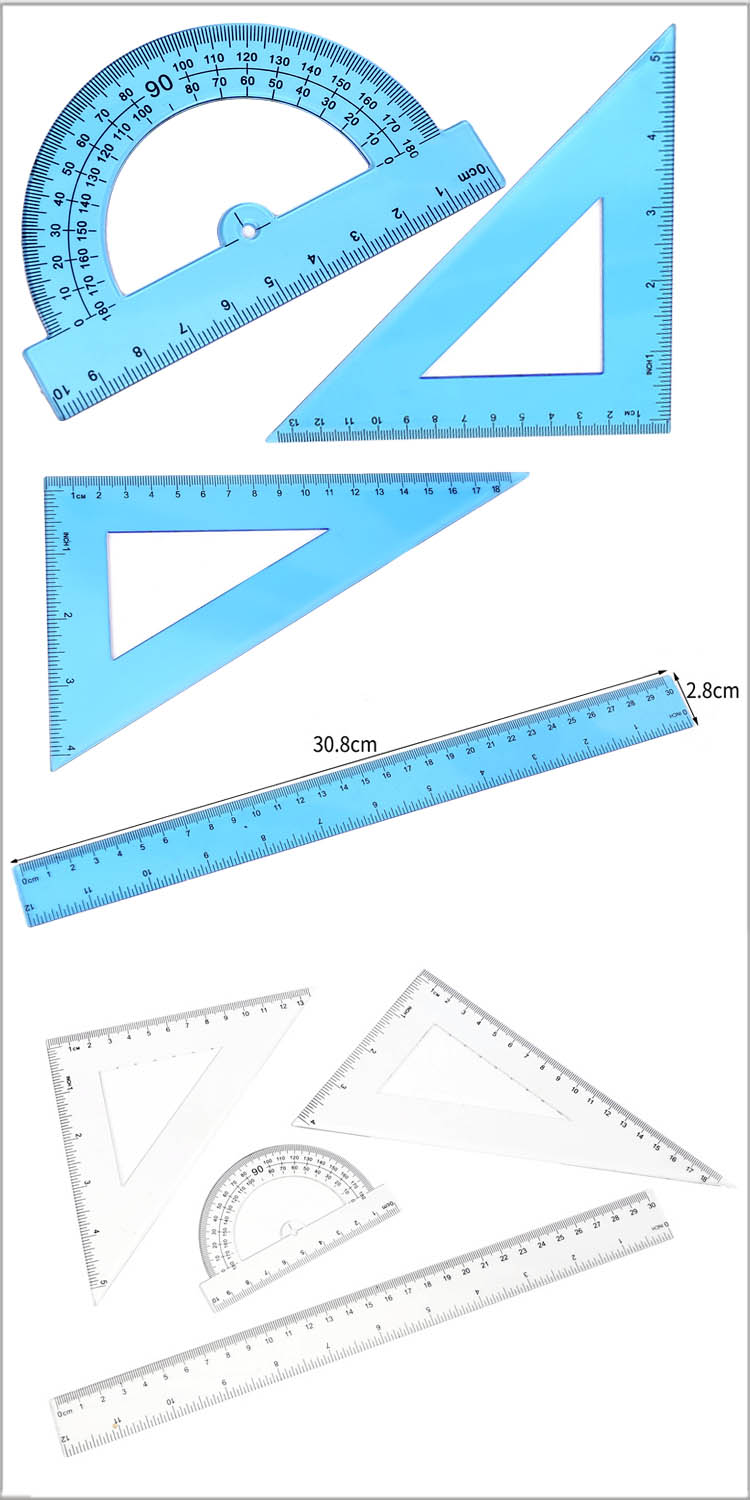 Plastic Ruler Set,4pcs Math Geometry Tool Protractor Straight Ruler  Triangle Ruler Square Set Transparent Ruler Set for School Office Drawing