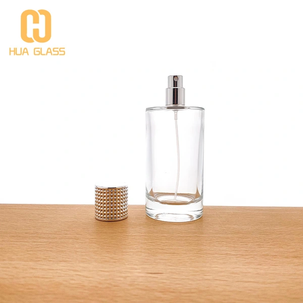 Cilindro redondo botella de vidrio de perfume de 100 ml con tapa plateada