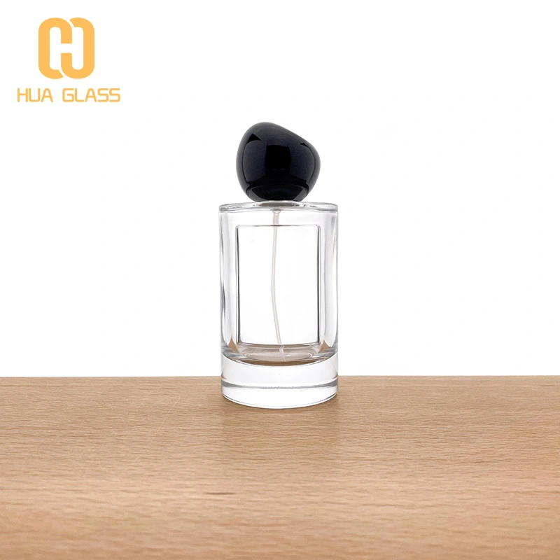 Cilindro personalizado redondo 100 ml botella de vidrio de perfume con etiquetas de metal  