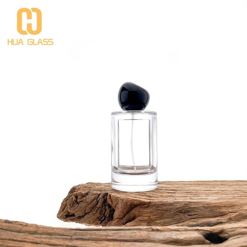 Cilindro personalizado redondo 100 ml botella de vidrio de perfume con etiquetas de metal  