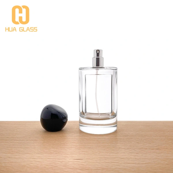 Cilindro personalizado redondo 100 ml botella de vidrio de perfume con etiquetas de metal