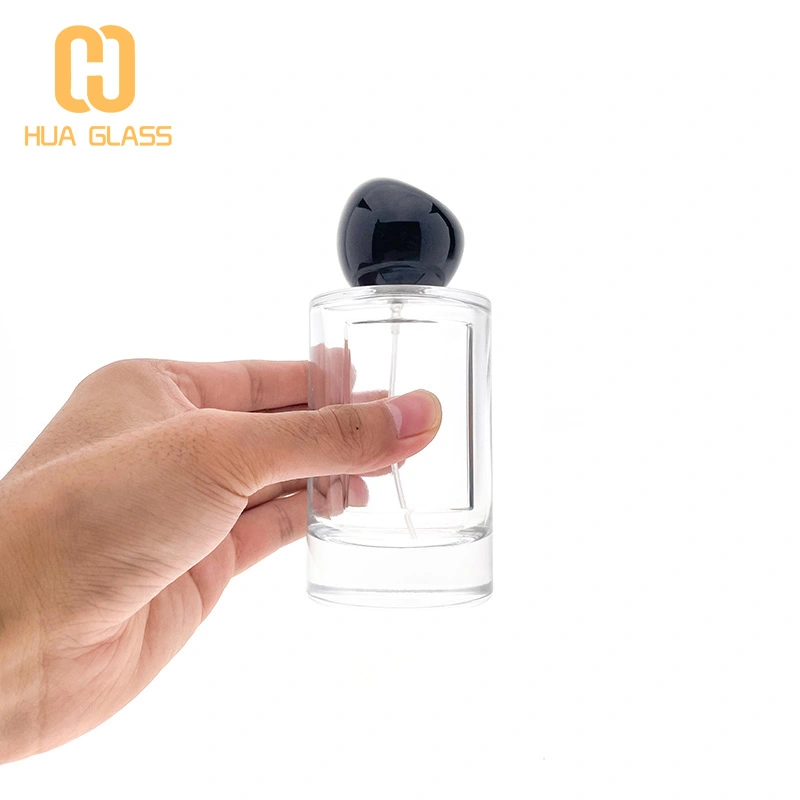 Cilindro personalizado redondo 100 ml botella de vidrio de perfume con etiquetas de metal  