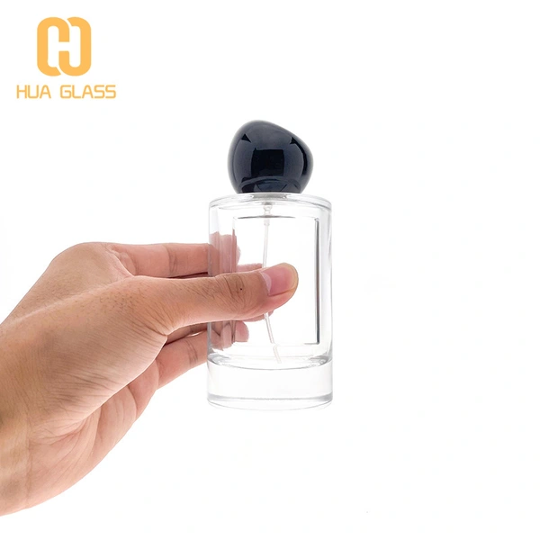 Cilindro personalizado redondo 100 ml botella de vidrio de perfume con etiquetas de metal