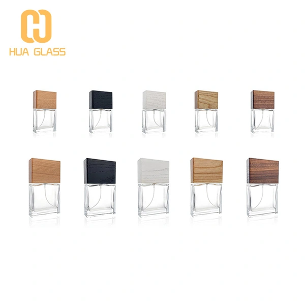 Frasco de perfume de vidrio negro de cubo cuadrado de 100 ml con tapa de madera negra