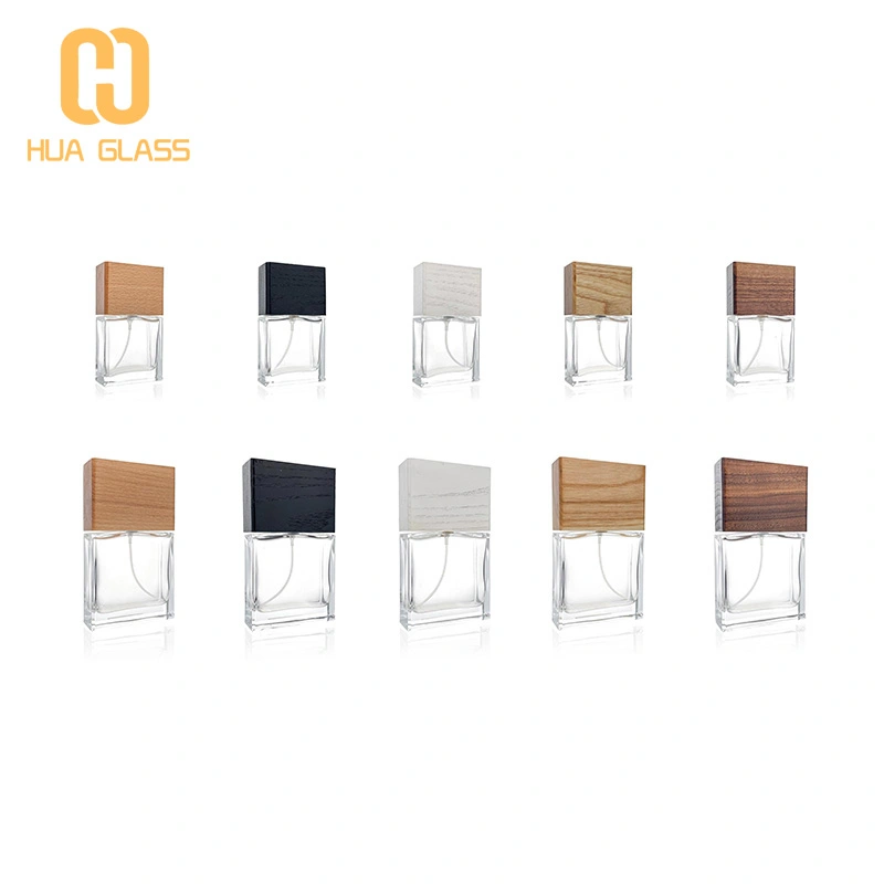 Frasco de perfume de vidrio negro de cubo cuadrado de 100 ml con tapa de madera negra  