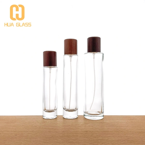 Frasco de perfume alto cilíndrico de 30 ml, 50 ml, 100 ml con tapa de nogal negro