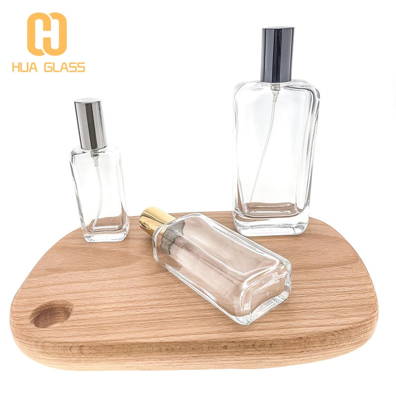 Frasco de perfume cuadrado plano de 50 ml, 30 ml, 100 ml con tapa de oro plateado negro