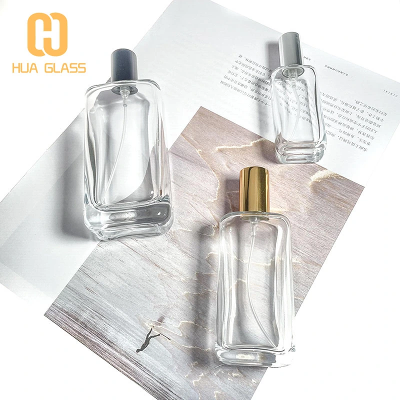 Frasco de perfume cuadrado plano de 50 ml, 30 ml, 100 ml con tapa de oro plateado negro