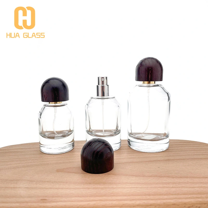 Tapa de madera personalizada 30ml 50ml 100ml botella de perfume de vidrio redonda cilíndrica  