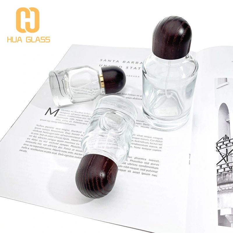 Tapa de madera personalizada 30ml 50ml 100ml botella de perfume de vidrio redonda cilíndrica  