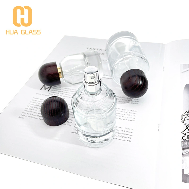 Tapa de madera personalizada 30ml 50ml 100ml botella de perfume de vidrio redonda cilíndrica  