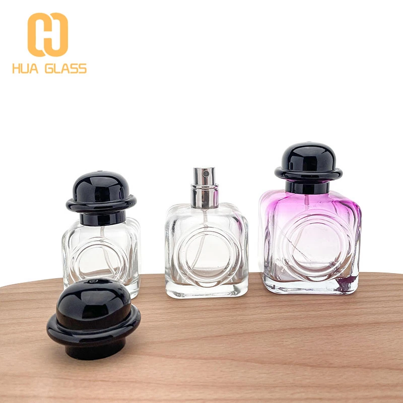 Frasco de perfume cuadrado pequeño de 30 ml, 50 ml, 80 ml, engarzado con tapa negra  