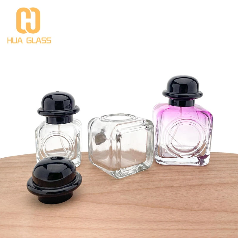 Frasco de perfume cuadrado pequeño de 30 ml, 50 ml, 80 ml, engarzado con tapa negra  