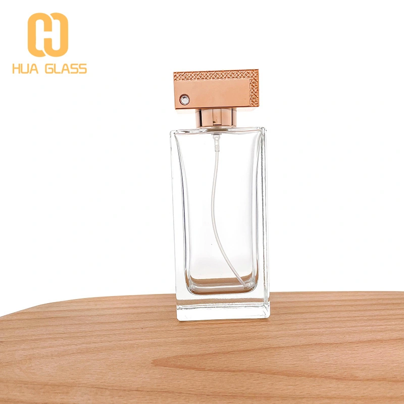  flat rectangle shape rose golden cap 100ml perfume bottle