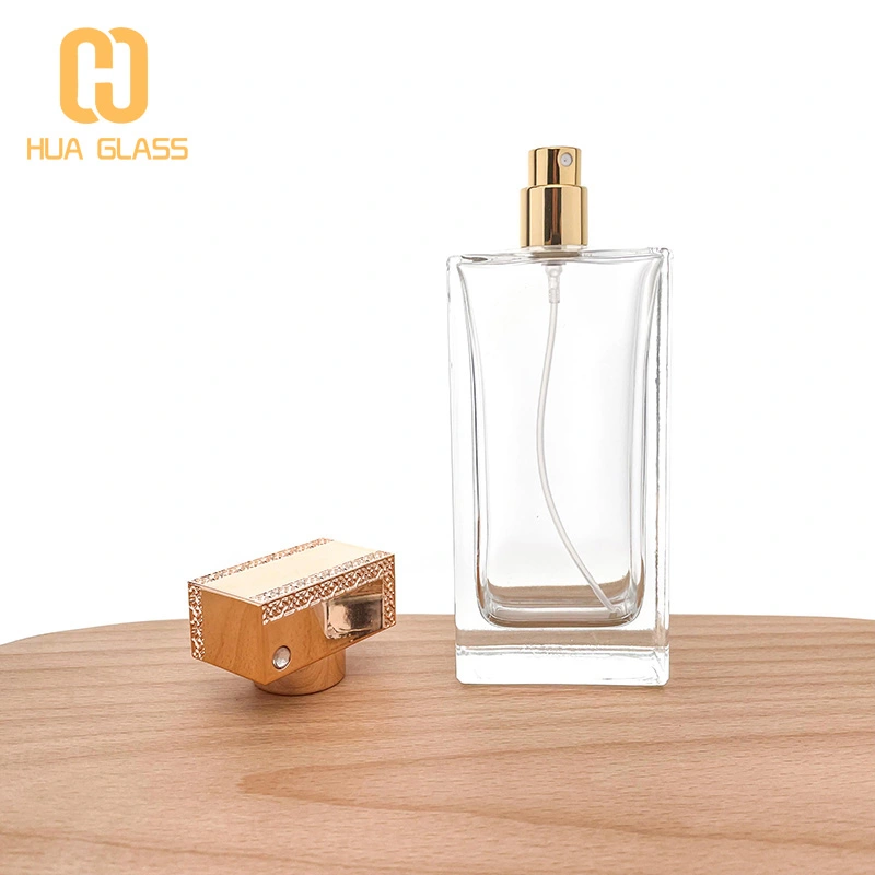  flat rectangle shape rose golden cap 100ml perfume bottle