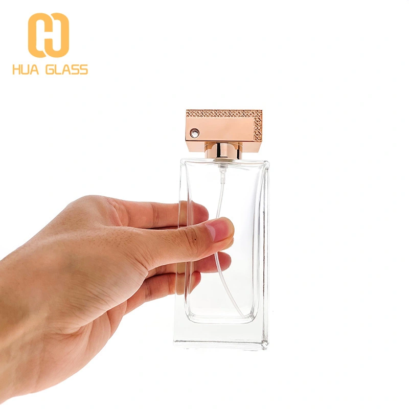  flat rectangle shape rose golden cap 100ml perfume bottle