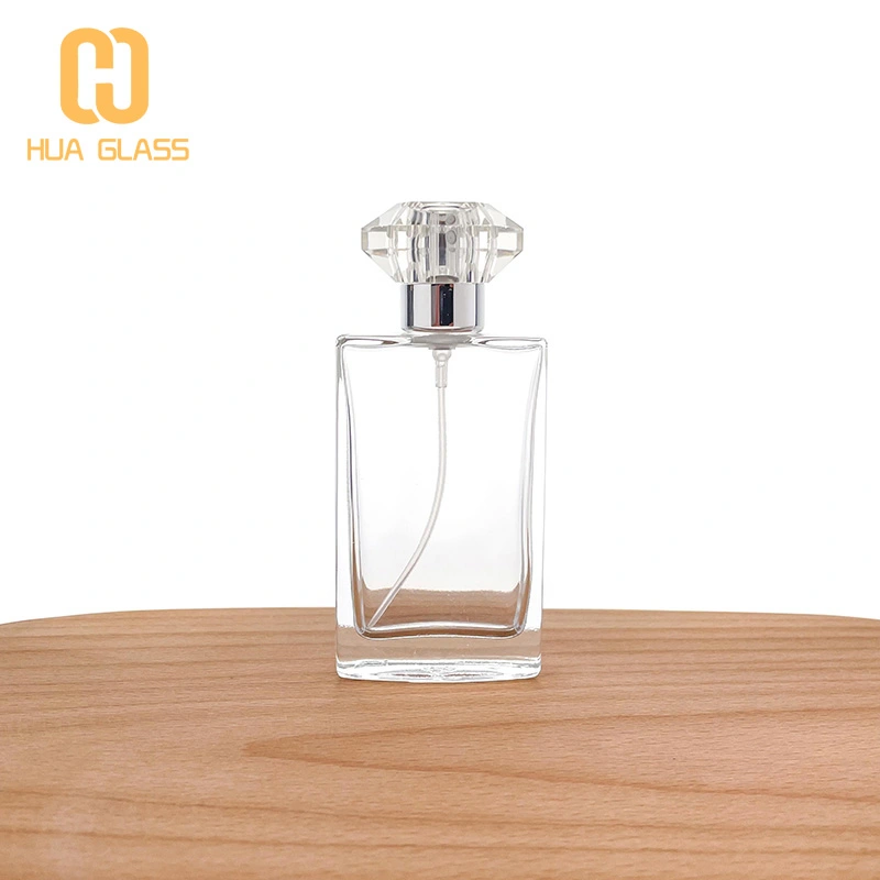 Botella de perfume con tapa de cristal de forma cuadrada plana de 50 ml