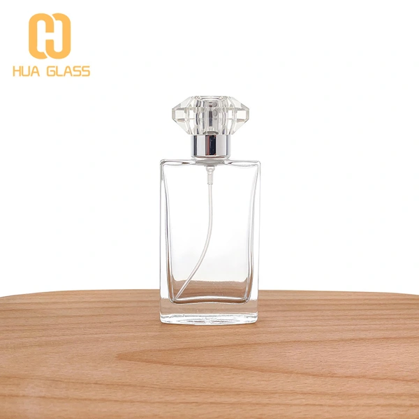 Botella de perfume con tapa de cristal de forma cuadrada plana de 50 ml