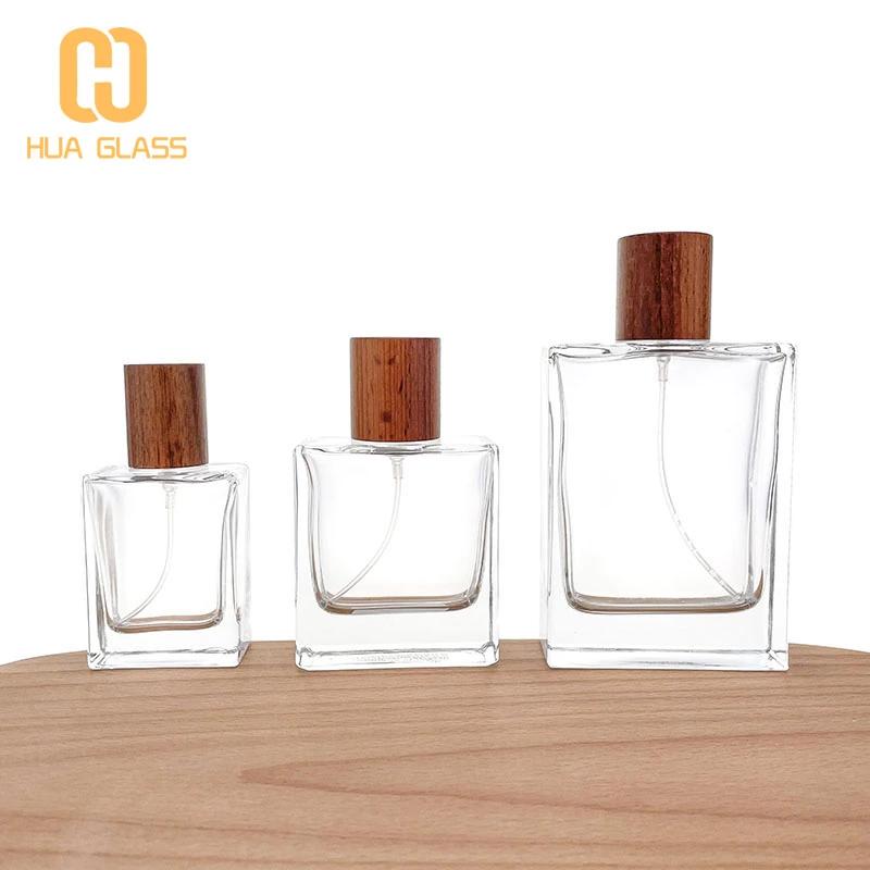 Botellas de perfume vacías cuadradas de 30 ml, 50 ml, 100 ml con tapa de madera  