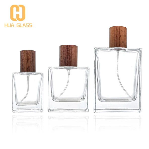 Botellas de perfume vacías cuadradas de 30 ml, 50 ml, 100 ml con tapa de madera
