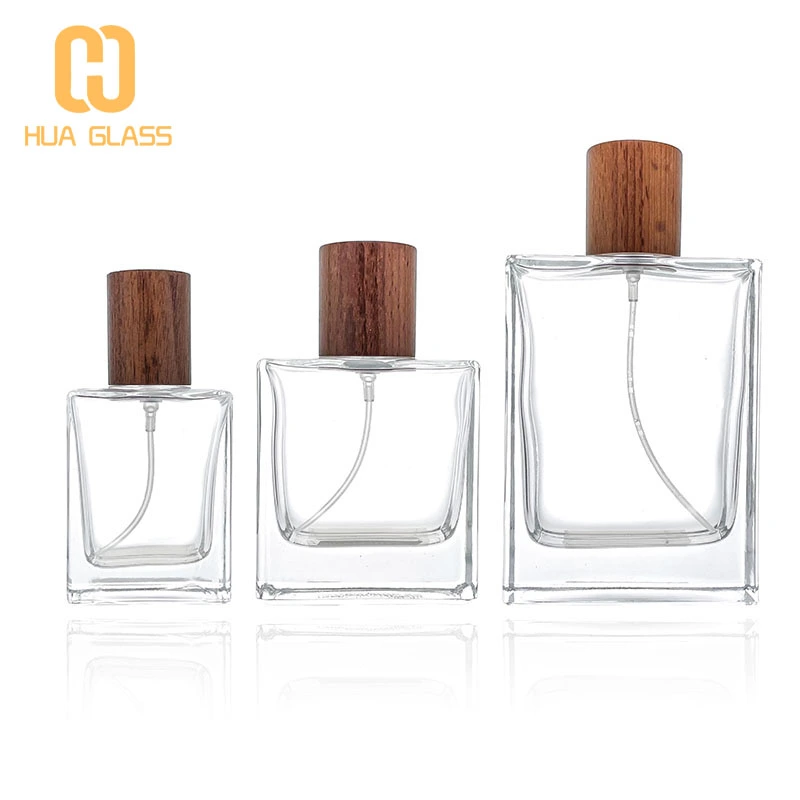 Botellas de perfume vacías cuadradas de 30 ml, 50 ml, 100 ml con tapa de madera  