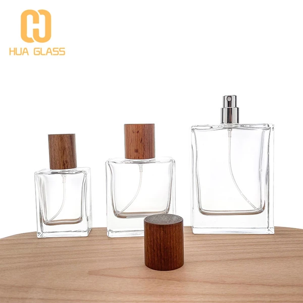 Botellas de perfume vacías cuadradas de 30 ml, 50 ml, 100 ml con tapa de madera