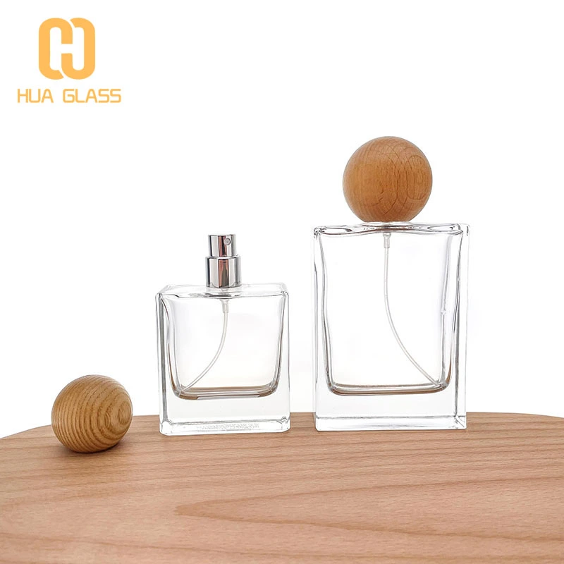 Frasco de perfume de vidrio cuadrado de 30 ml, 50 ml, 100 ml con tapa redonda de madera  