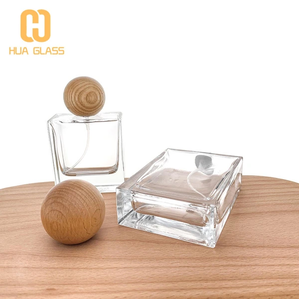 Frasco de perfume de vidrio cuadrado de 30 ml, 50 ml, 100 ml con tapa redonda de madera
