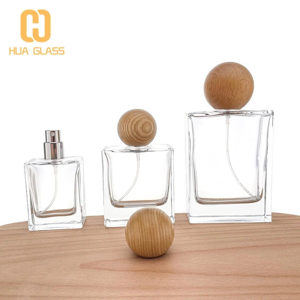 Frasco de perfume de vidrio cuadrado de 30 ml, 50 ml, 100 ml con tapa redonda de madera