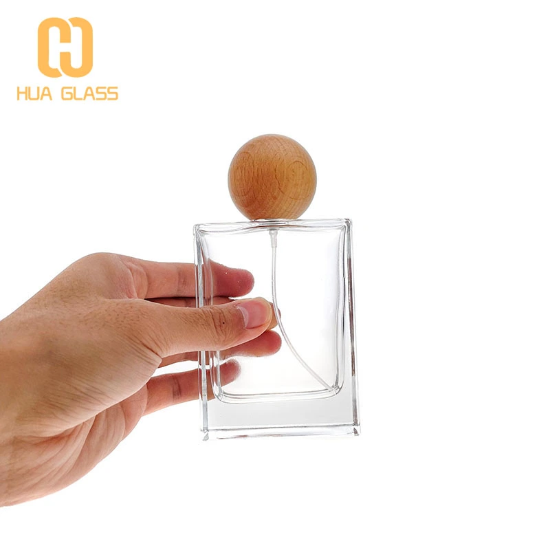 Frasco de perfume de vidrio cuadrado de 30 ml, 50 ml, 100 ml con tapa redonda de madera  