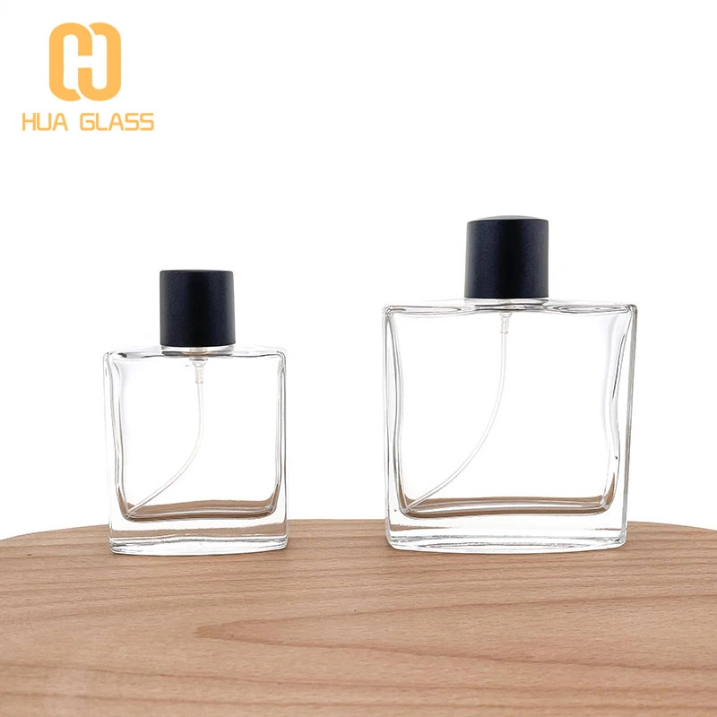 Botella de perfume de vidrio cuadrada de fondo redondo de 50ml y 100ml al por mayor