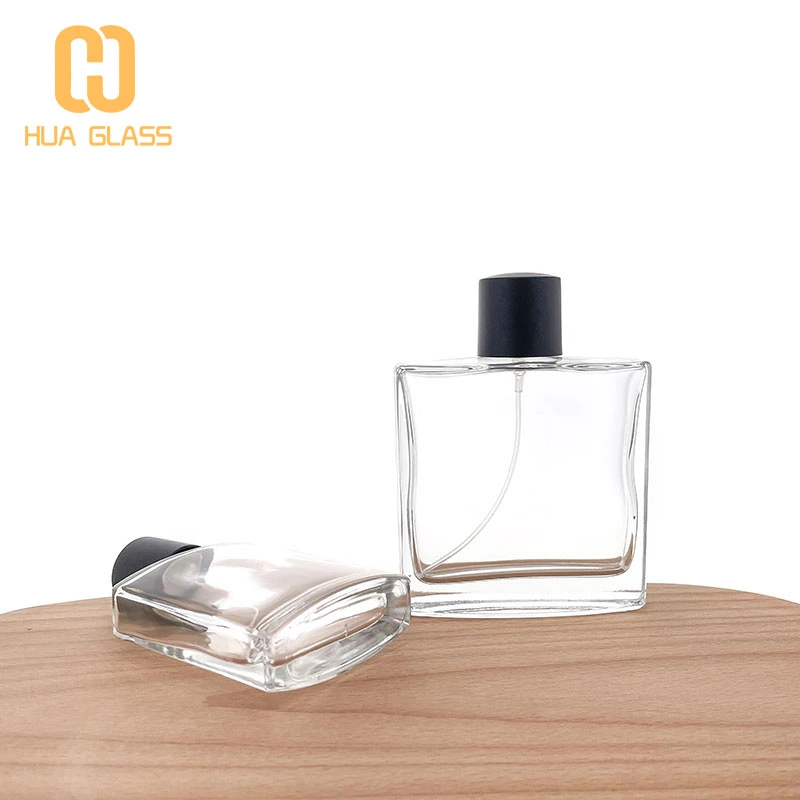 Botella de perfume de vidrio cuadrada de fondo redondo de 50ml y 100ml al por mayor