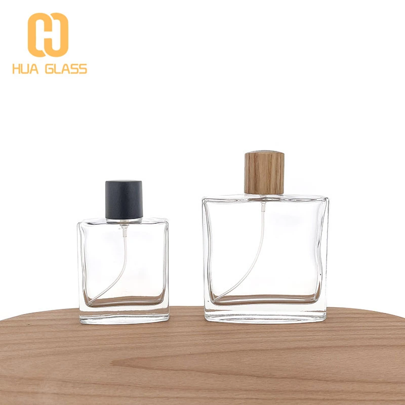 Botella de perfume de vidrio cuadrada de fondo redondo de 50ml y 100ml al por mayor