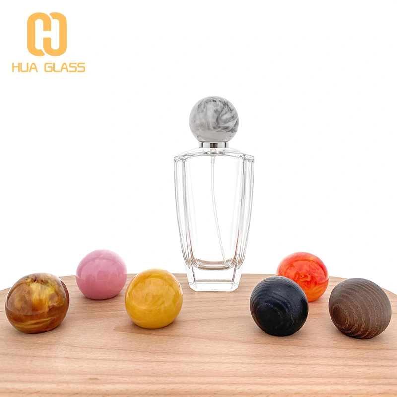 زجاجة عطر زجاجية 100 مل مع غطاء دائري من الرخام / غطاء خشبي  