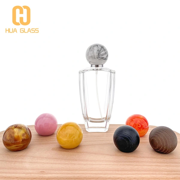 زجاجة عطر زجاجية 100 مل مع غطاء دائري من الرخام / غطاء خشبي