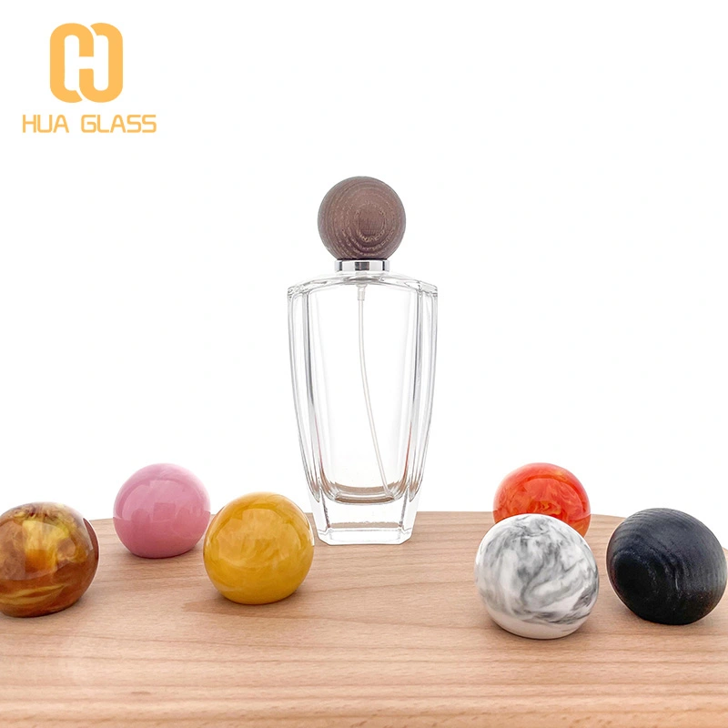 زجاجة عطر زجاجية 100 مل مع غطاء دائري من الرخام / غطاء خشبي  